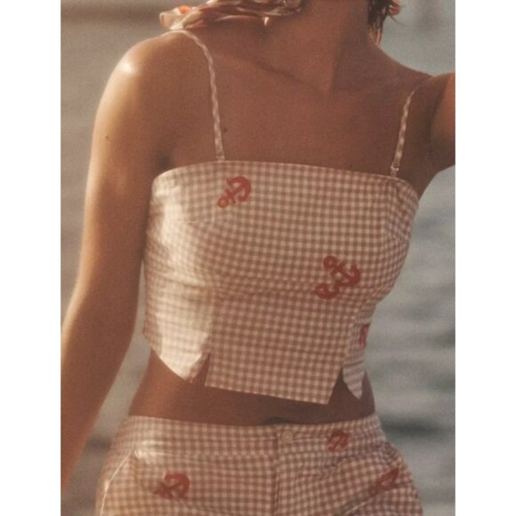 Anthropologie L Gingham Anchor Print Crop Top With Adjustable Straps & Smocked B - Picture 4 of 14